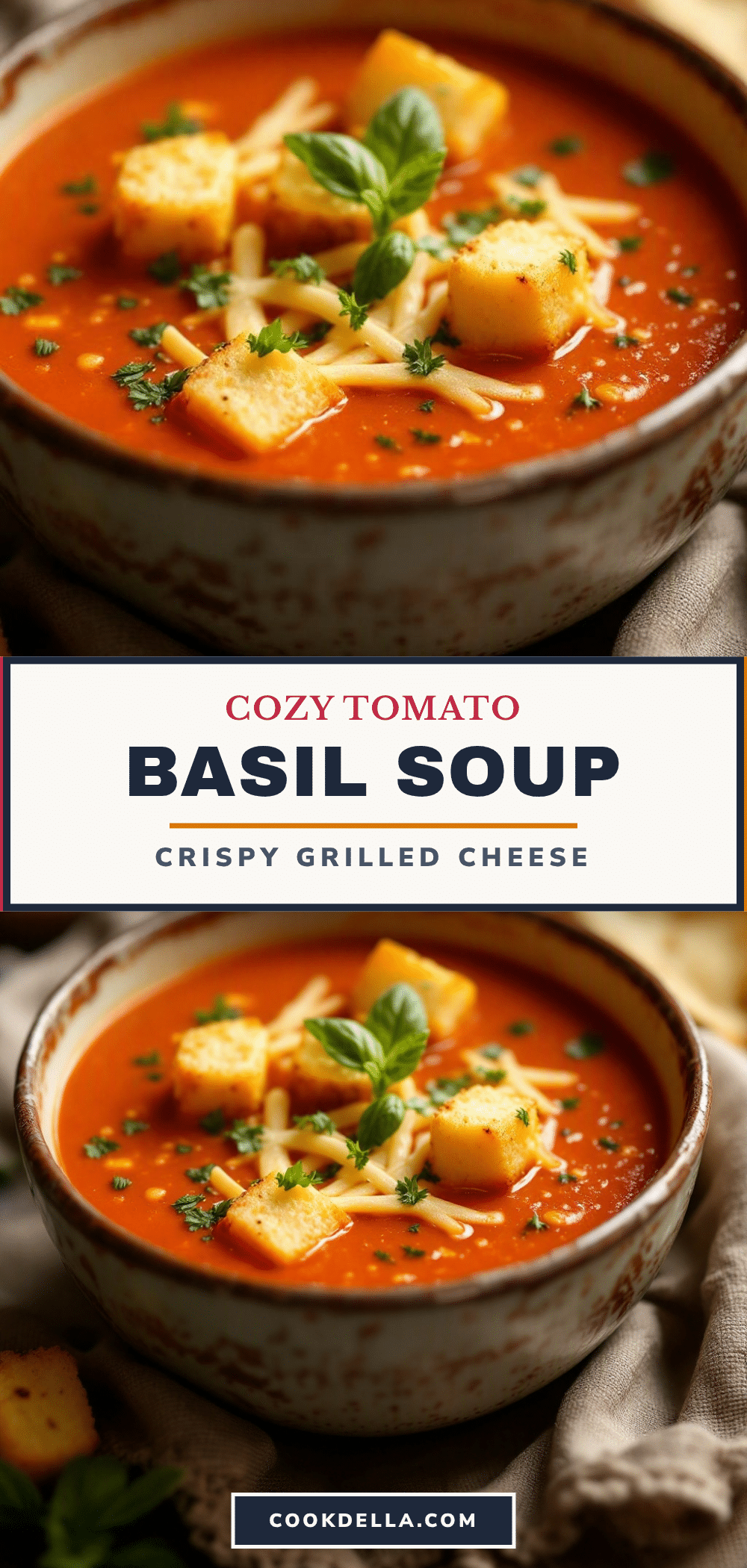 cozy tomato basil soup with crispy grilled cheese croutons recipe