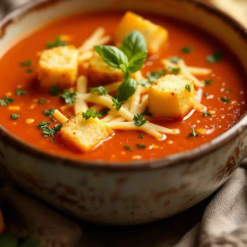 cozy tomato basil soup with crispy grilled cheese croutons - featured image