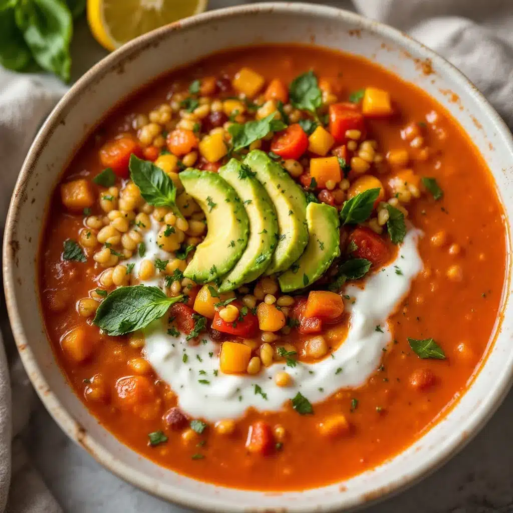 fresh garden tomato soup with basil cream - featured image