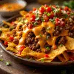 loaded nacho bar with ground beef and queso - featured image