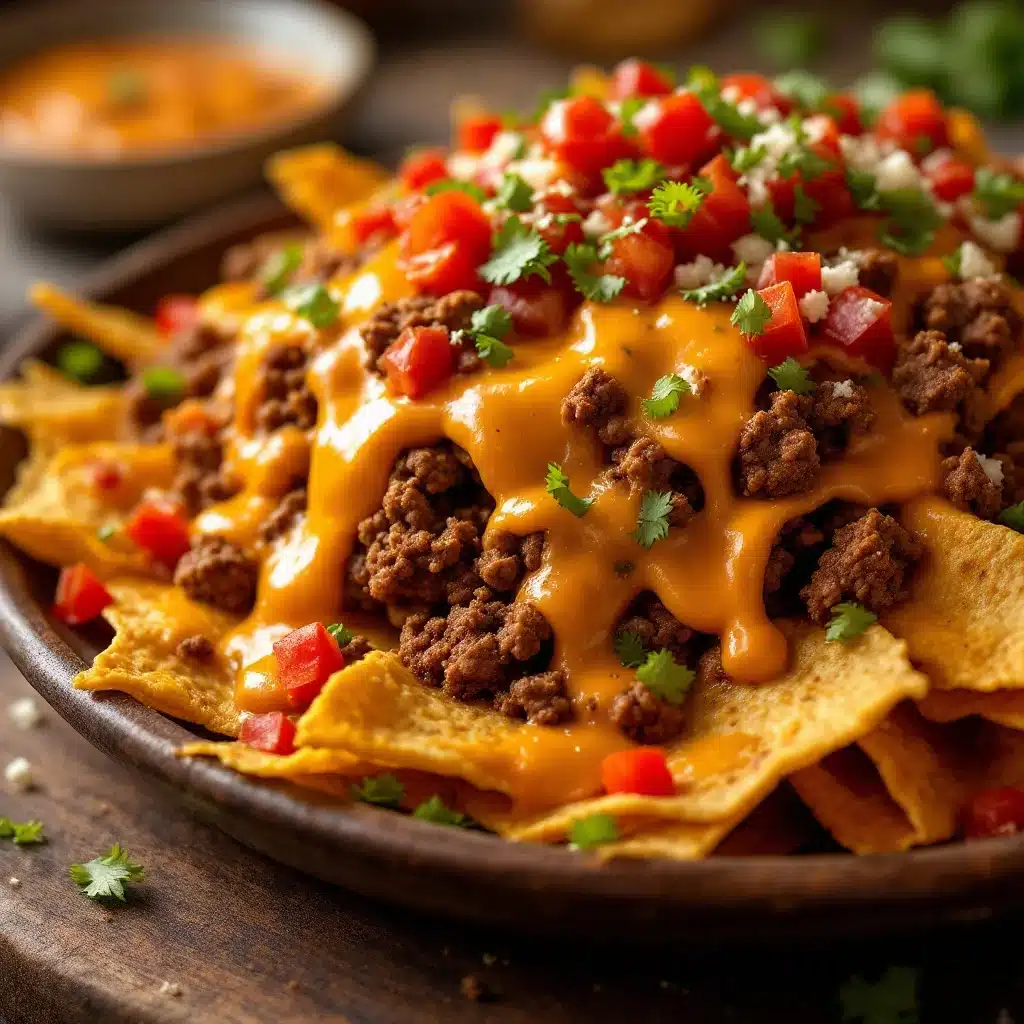 loaded nacho bar with ground beef and queso - featured image