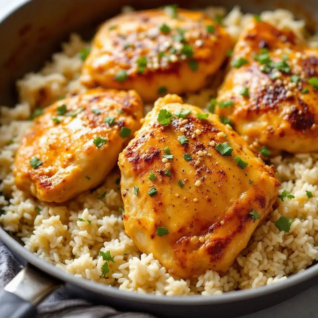 one-pan garlic butter chicken thighs with rice - featured image