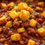 slow cooker chili with cornbread croutons - featured image