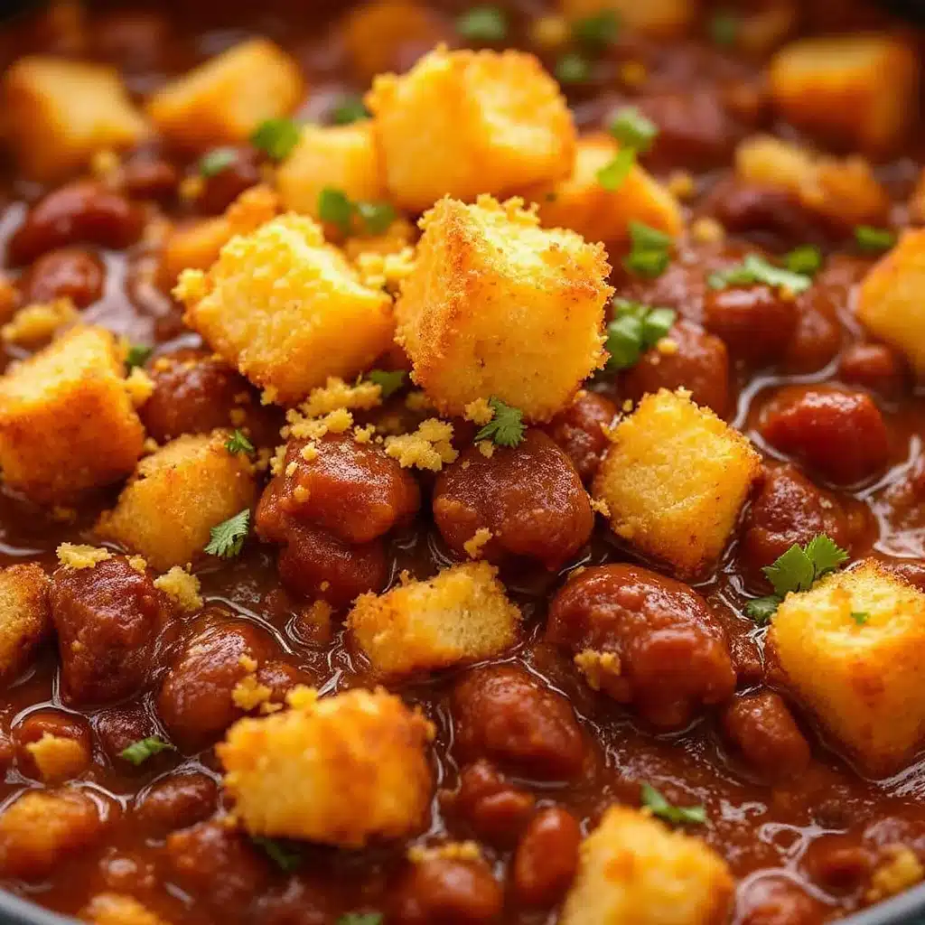 slow cooker chili with cornbread croutons - featured image