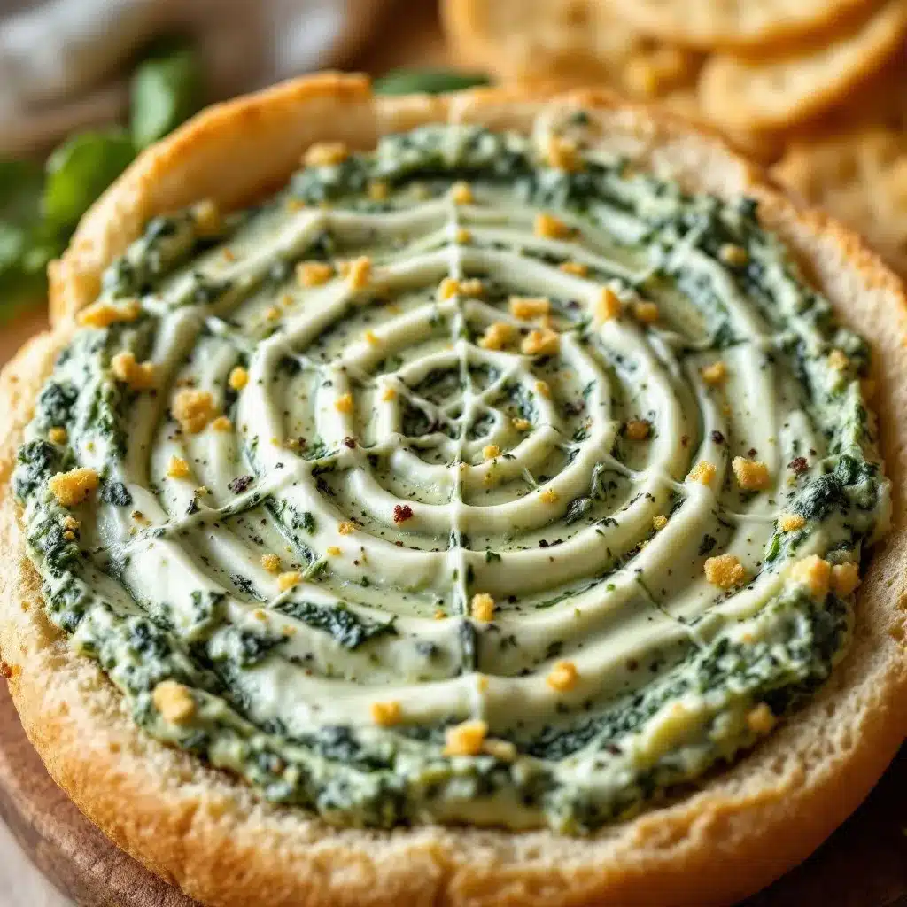 spiderweb spinach dip in a bread bowl preparation steps